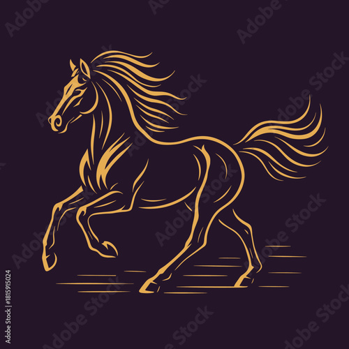 Galloping Golden Horse. Single horse in mid-gallop, showcasing its powerful stride. The horse's mane and tail are depicted in sweeping lines, giving a sense of speed. Vector illustration