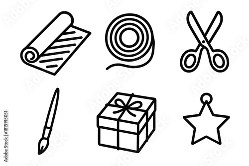 Crafting Essentials Icons. Creative Giftmaking linear icon set: wrapping paper, twine, scissors, brush, small box, charm