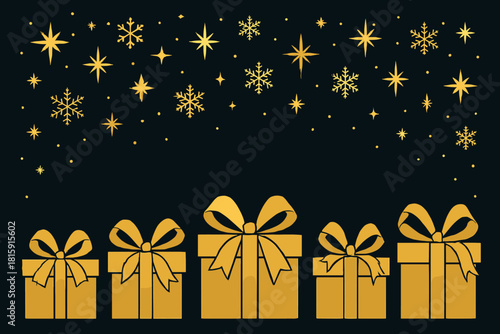 Golden Gift Harmony. Series of golden gift boxes, artistically arranged at the bottom, each topped with detailed ribbons. Above, a celestial border of stars and. Vector illustration
