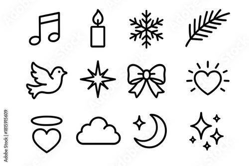 Joyful Icon Symphony. Joyful Voices linear icon set : music note, candle flame, snowflake, pine branch, dove, radiant star, ribbon bow, glowing heart, halo ring, soft cloud