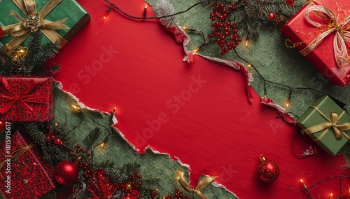 Holiday Celebration Scene With Gifts and Decorations on a Red Background