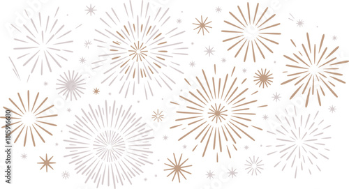 Decorative illustration of golden and white fireworks bursting in dark night sky, festive celebration background for holiday and events