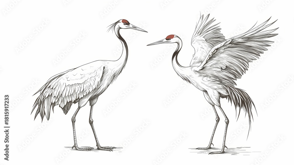 Fototapeta premium Detailed monochrome drawing depicts two majestic wading birds with striking red markings on their heads