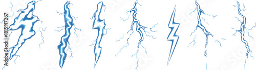 Electric blue lightning bolts energy discharge on dark background showing multiple flashes of thunderstorm power electricity plasma and light effects