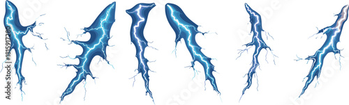 Electric blue lightning bolts energy discharge on dark background showing multiple flashes of thunderstorm power electricity plasma and light effects