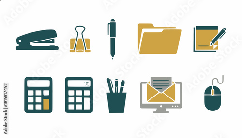Office Supplies and Work Tools Icons Set