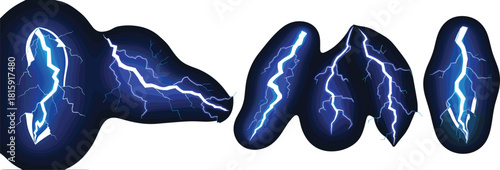 Five bright blue electric lightning bolts on dark background, glowing thunder energy effect, realistic electric discharge illustration