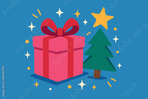 Festive Gift and Tree. Vibrant pink gift with a bow is the focal point, accompanied by a green Christmas tree and golden star. The layout is dynamic, with scattered. Vector illustration