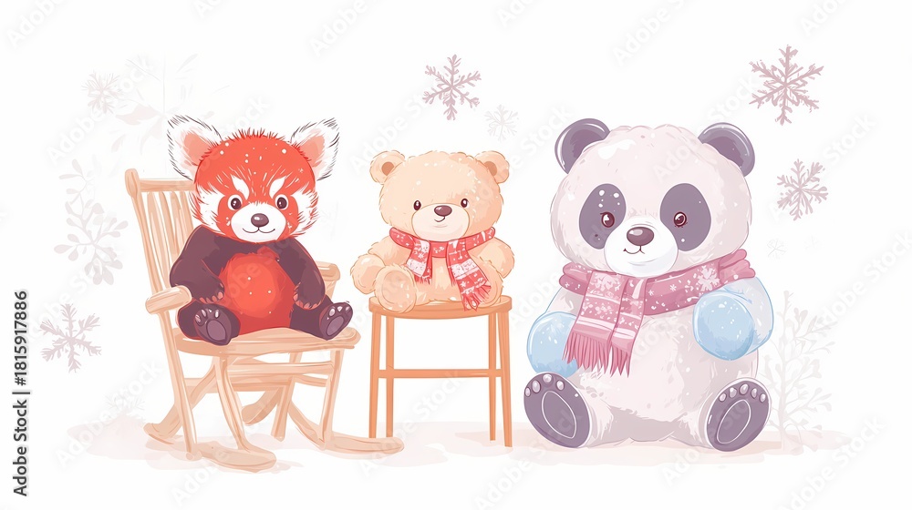 Obraz premium Three adorable stuffed animal toys featuring a red panda, a bear, and a panda sit among falling snowflakes