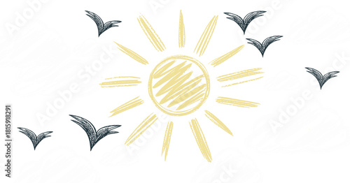 Hand drawn chalk style sunny sky illustration with bright yellow sun, flying black birds, and fluffy white clouds on blue background
