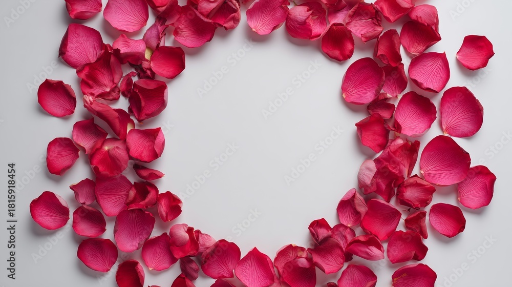Obraz premium Circle Border Made of Deep Red Rose Petals on Solid White Background Top View with Copy Space for Wedding or Valentines Day