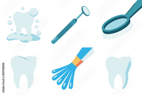 Dental hygiene instruments set, mouth mirror tool, interdental brush, water jet cleaning, sparkling tooth illustrations, professional care
