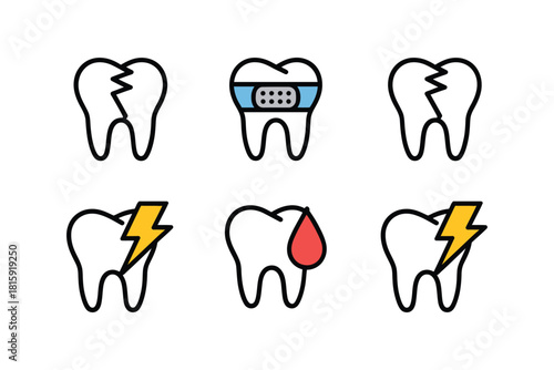 Set of dental health icons, enamel pain lightning, bracket braces tooth, bleeding gum issue, modern minimal graphics