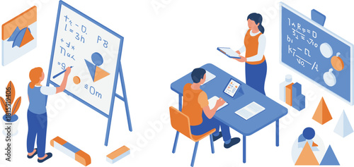 Isometric classroom illustration with students learning mathematics and geometry, teacher explaining formulas on whiteboard, educational study environment with school materials