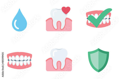 Oral hygiene symbols, water drop freshness, smiling tooth with heart, full denture, protective shield, clean dental vector