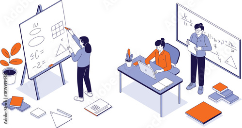 Isometric illustration of modern classroom with students studying mathematics, teacher teaching geometry on board, educational learning environment with school materials