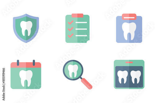 Clinic appointment icons, calendar reminder, shield certification, clipboard checklist, magnifying glass exam, x ray card verified