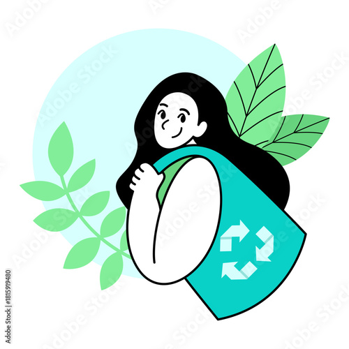 A woman carrying a reusable bag for save the world, reduce global warming, stop global warming concept. flat illustration 