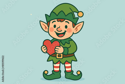 Playful Elf Delight. Playful elf wearing a green outfit with striped socks holds a heart, symbolizing holiday cheer. His pointed ears and jolly expression add whimsy. Vector illustration