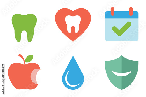 Healthy smile icons, tooth in heart, nutrition apple, hydration drop, protective shield, calendar check, wellness dental vector