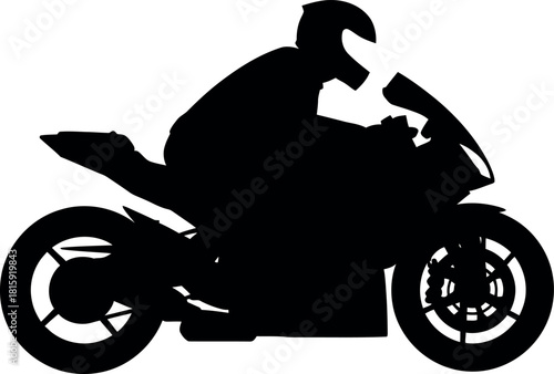 Black silhouette of a motorcycle rider on a sport bike, isolated on