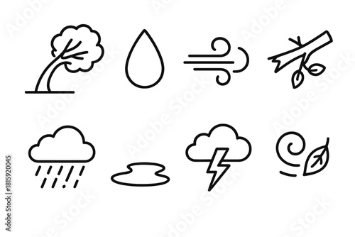 Storm Icons Collection. Storm wind concept linear icon set: tree bending, raindrop, gust symbol, broken branch, cloud, puddle, lightning, leaf swirl