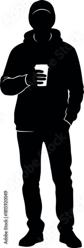 Silhouette of a person wearing a hoodie and a cap, standing and holding a cup, isolated on