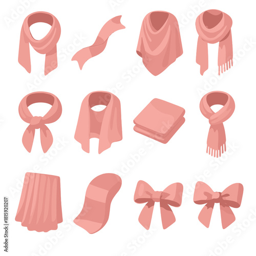 Elegant Wrap Icons. Elegant Wraps flat icon set : satin scarf, silk ribbon, draped shawl, lightweight stole, knotted wrap, sheer chiffon, folded hem, delicate tassel, pleated silk