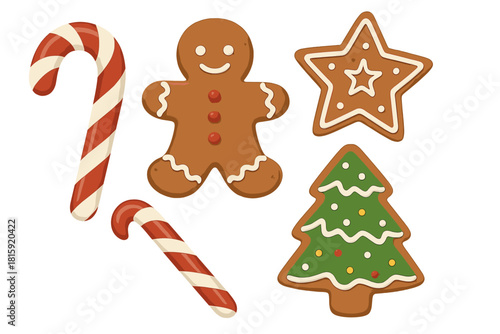 Candy Canes and Gingerbread. Collection of candy canes and gingerbread cookies, artfully displayed. The sweet treats are decorated with icing and sprinkles, offering. Vector illustration