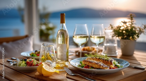 Romantic summer dinner with grilled fish and white wine
