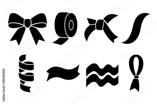 Bold Ribbon Icons. Ribbon accent silhouette icon set : tied bow, ribbon roll, folded knot, curved strand, gift wrap curl, silk ribbon, wavy band, hanging loop