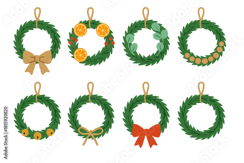 Rustic Wreath Icons. Rustic Christmas Wreaths flat icon set: burlap ribbon, dried oranges, eucalyptus leaves, wooden beads, tiny bells, rope hanger, pine needles, rustic bow