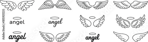 Minimalist angel wings and halo line art design collection featuring elegant handwritten typography, divine spiritual symbols,