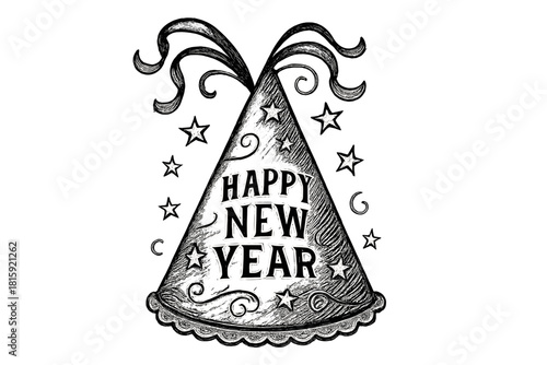 Vintage New Year Hat. Finely detailed vintage party hat adorned with streamers and stars, symbolizing New Year celebrations. The hat's intricate linework and. Vector illustration