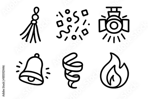 Festival Icon Celebration. Festival linear icon set: vibrant tassel, joyful confetti, open stage light, ringing bell, swirling streamer, lively flame