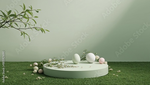 Display of Decorative Eggs on a Platform With Greenery in a Serene Setting