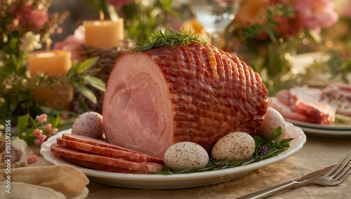 Deliciously Prepared Glazed Ham Served at a Festive Spring Gathering With Col...