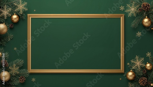 Festive Green Background With Golden Decorations and Empty Frame for Holiday ...
