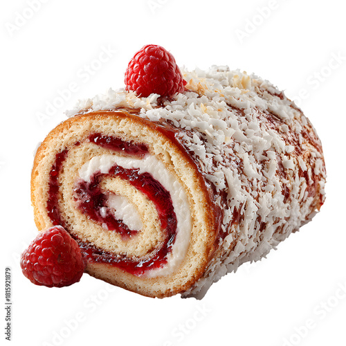 Sweet sponge cake roll filled with red berry jam and covered in coconut flakes. Delicious Swiss roll pastry isolated on black background.