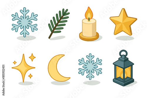 Winter Icon Collection. Winter magic flat icon set : snow crystal, pine branch, candle flame, star, sparkle, moon, snowflake, lantern