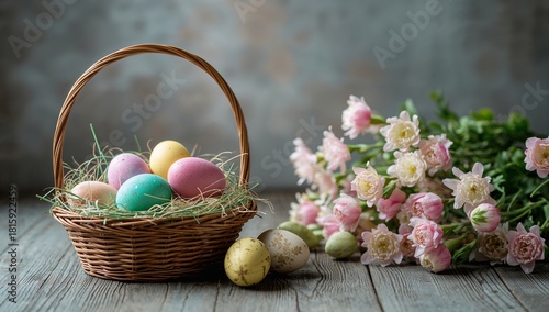 Colorful Easter Eggs in a Natural Nest Surrounded by Flowers and Twigs on Rus...