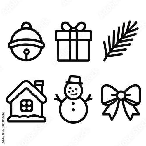 Winter Festive Icons. Winter Traditions linear icon set : sleigh bell, wrapped present, pine branch, cozy house, snowman, festive ribbon