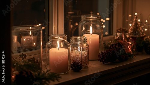 Soft Candlelight Glows in Cozy Window With Holiday Decorations and Warm Ambiance