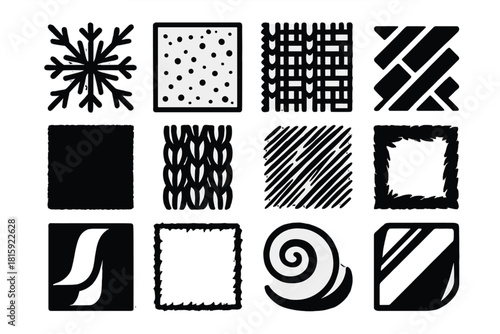 Winter Texture Icons. Winter Textures silhouette icon set: frost pattern, snow dust, wool weave, linen thread, felt square, knitted loop, brushed cotton, paper fiber, velvet fold