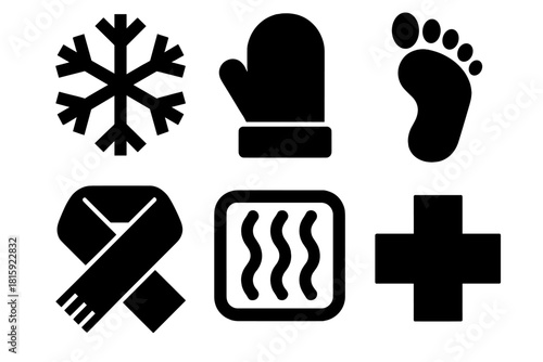 Cold Protection Icons. Cold Injury Prevention silhouette icon set: frost symbol, mitten, foot print, scarf, heat pad, medical cross