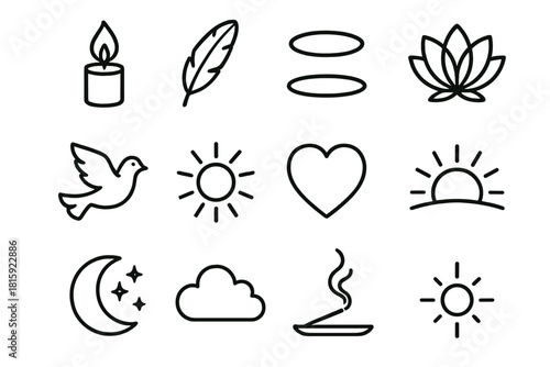 Serenity Icons Collection. Divine Stillness linear icon set : candle flame, feather, halo ring, lotus flower, dove, radiant orb, heart, sunrise, moonlight, soft cloud, incense
