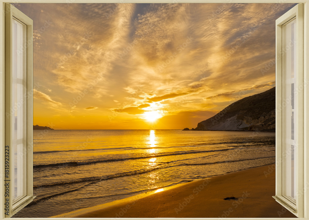 Fototapeta premium Open window to a seascape at dawn