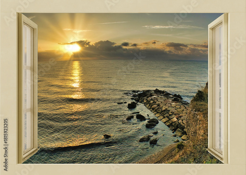 Open window to a seascape at dawn