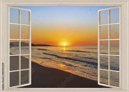 Open window to a seascape at dawn