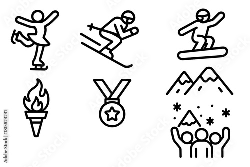 Winter Sports Icons. Winter Sports Festival linear icon set: figure skater, downhill skier, bobsled, snowboard, torch flame, gold medal, snowy mountain, crowd cheering